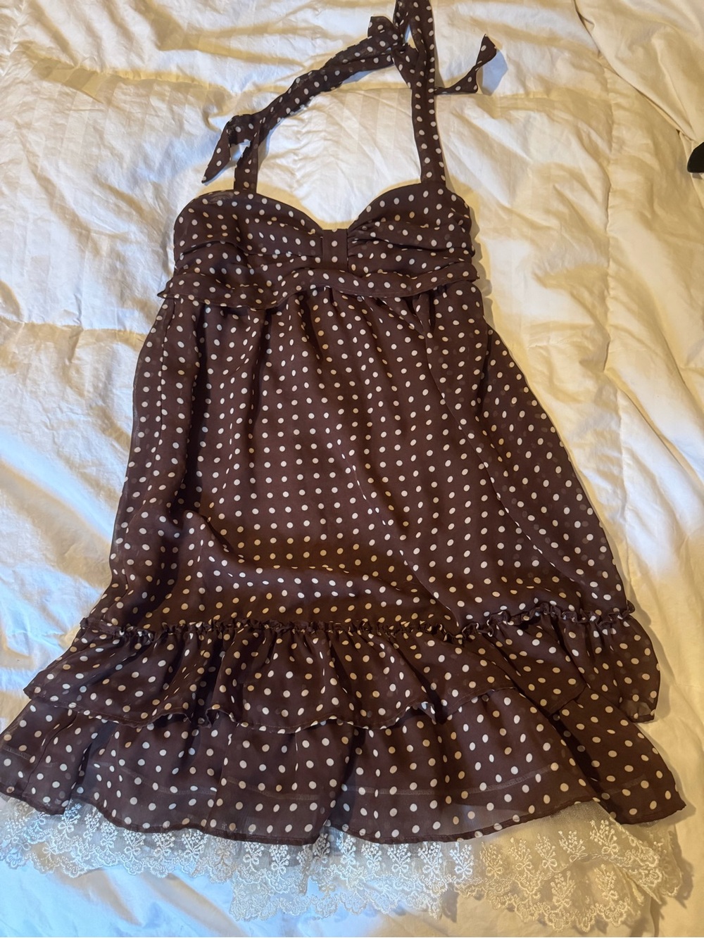 Brown Polka Dot Halter Sundress with Lace Trim